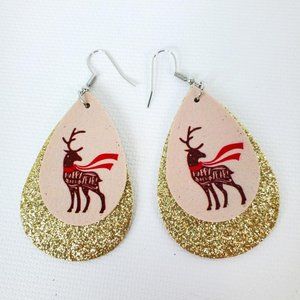 Holiday Christmas Sparkly Gold Raindeer Lightweight Earrings